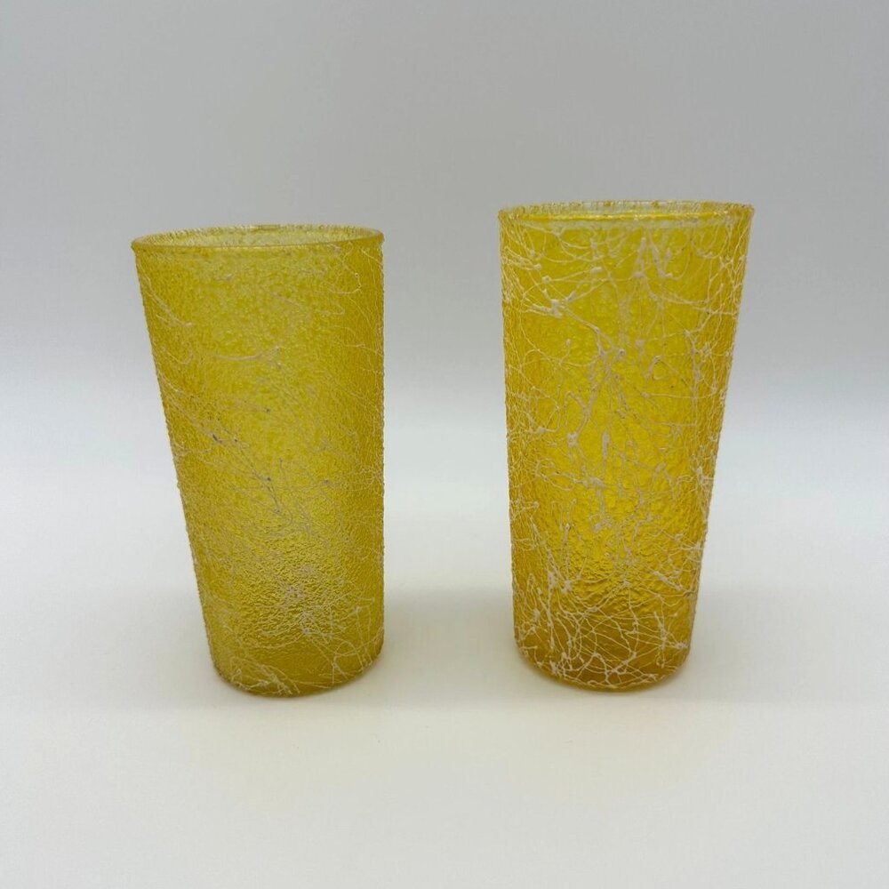 Vintage Tumblers Spaghetti String Glasses Mid Century Modern Set of 2 Yellow